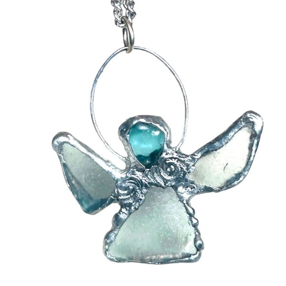 Sea Glass Angel Pendant Bezel Handcrafted with intricate Silver Blend Metalwork - Picture 7 of 12